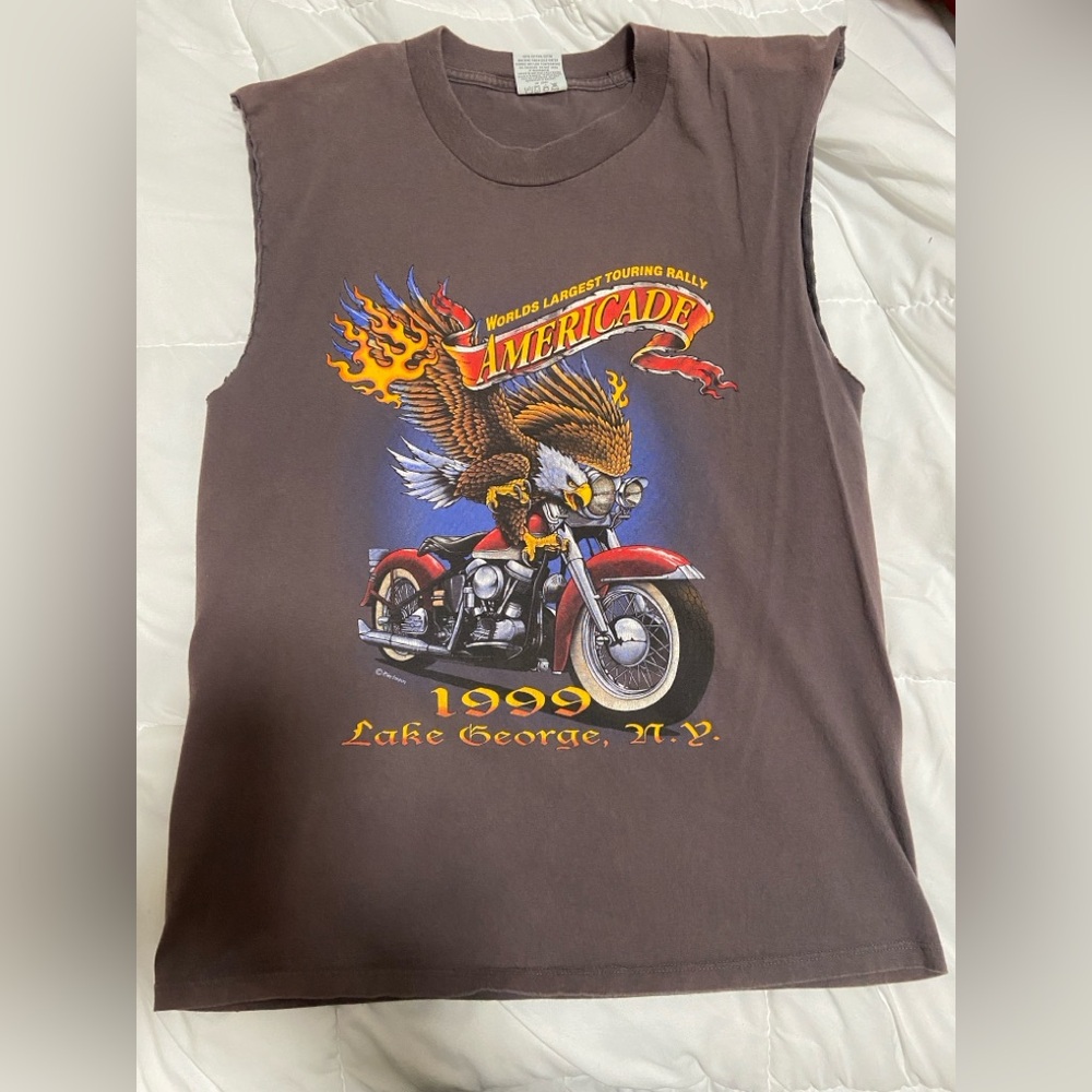 Vintage Touring Rally Americade 1999 Grey Tank Top with Eagle Motorcycle Graphic